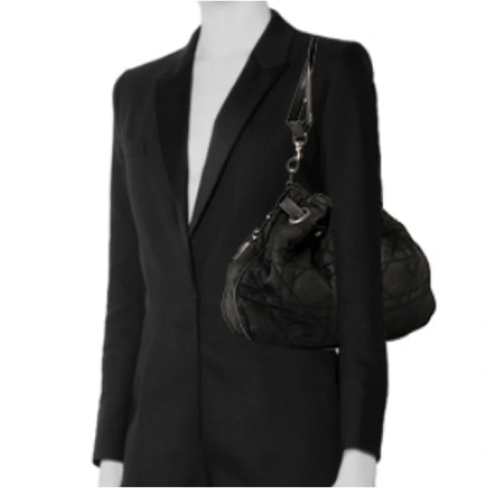 CHRISTIAN DIOR BLACK SATIN LEATHER CANAGE SHOULDER DRAWSTRING HOBO BAG LARGE - Picture 7 of 9